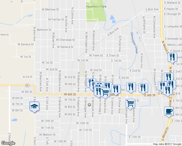map of restaurants, bars, coffee shops, grocery stores, and more near 420 North Seminole Avenue in Okmulgee