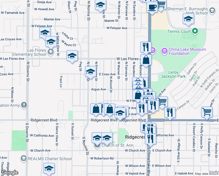 map of restaurants, bars, coffee shops, grocery stores, and more near 301 North Alvord Street in Ridgecrest