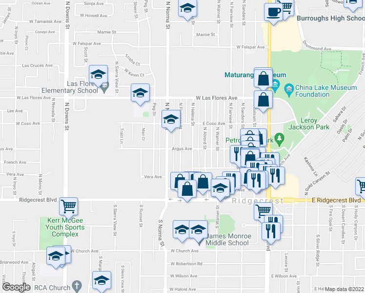 map of restaurants, bars, coffee shops, grocery stores, and more near 300 North Florence Street in Ridgecrest