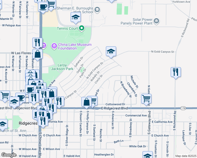 map of restaurants, bars, coffee shops, grocery stores, and more near 317 Nadeau Street in Ridgecrest