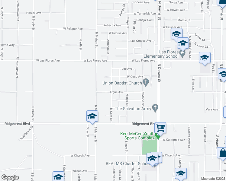 map of restaurants, bars, coffee shops, grocery stores, and more near 300 North Kern Street in Ridgecrest