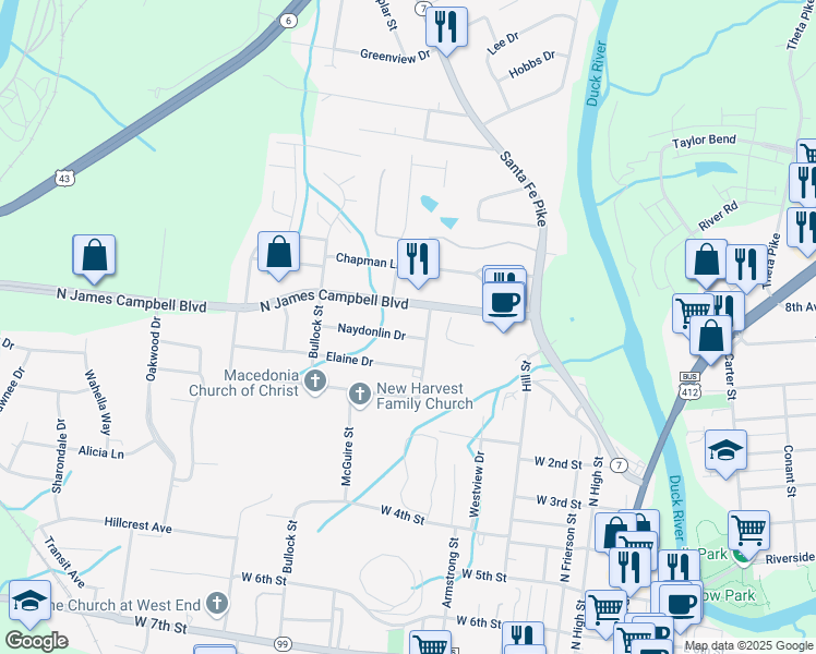 map of restaurants, bars, coffee shops, grocery stores, and more near 104 Naydonlin Drive in Columbia