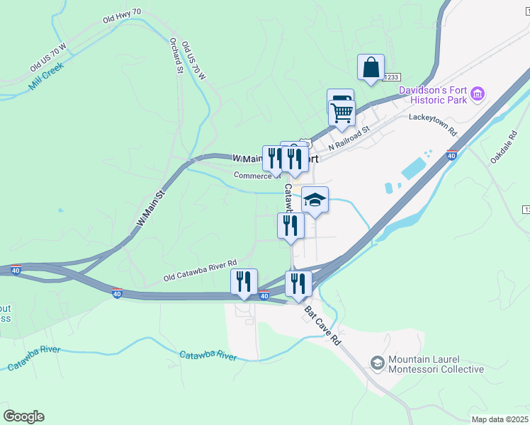 map of restaurants, bars, coffee shops, grocery stores, and more near 86 West Mitchell Street in Old Fort