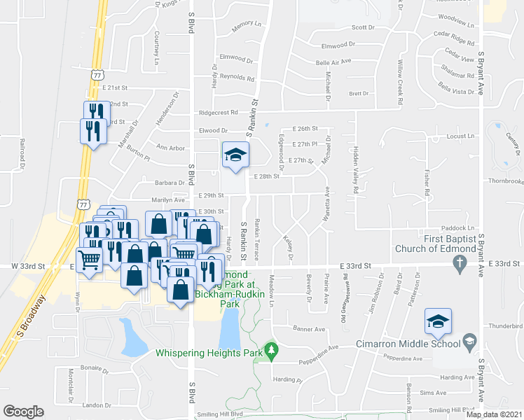 map of restaurants, bars, coffee shops, grocery stores, and more near 2912 Rankin Terrace in Edmond