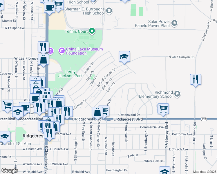 map of restaurants, bars, coffee shops, grocery stores, and more near 408 Cisco Street in Ridgecrest