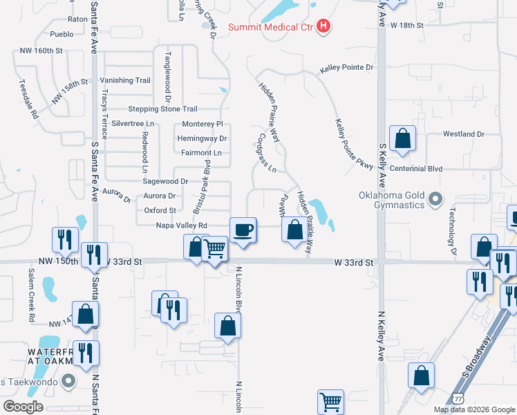 map of restaurants, bars, coffee shops, grocery stores, and more near 2908 Indian Grass Court in Edmond