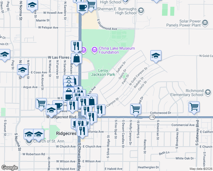 map of restaurants, bars, coffee shops, grocery stores, and more near 241 Sahara Drive in Ridgecrest