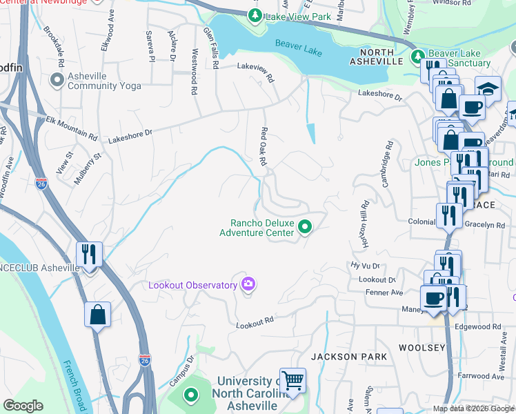 map of restaurants, bars, coffee shops, grocery stores, and more near 2 Valle Vista Drive in Asheville