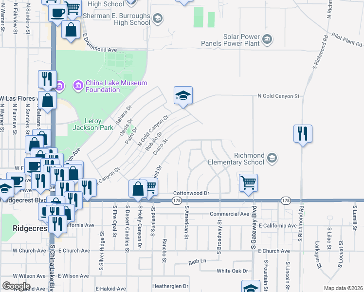 map of restaurants, bars, coffee shops, grocery stores, and more near 244 Apache Lane in Ridgecrest