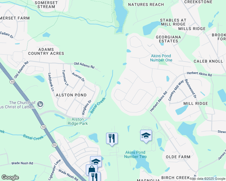 map of restaurants, bars, coffee shops, grocery stores, and more near 2608 Kinglass Drive in Fuquay-Varina