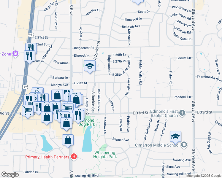 map of restaurants, bars, coffee shops, grocery stores, and more near 3008 Kelsey Drive in Edmond