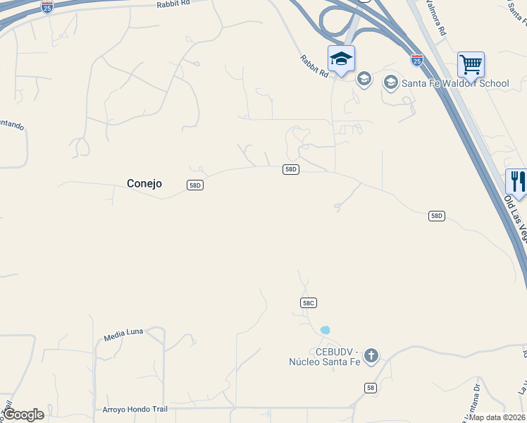 map of restaurants, bars, coffee shops, grocery stores, and more near 28 Old Agua Fria Road West in Santa Fe