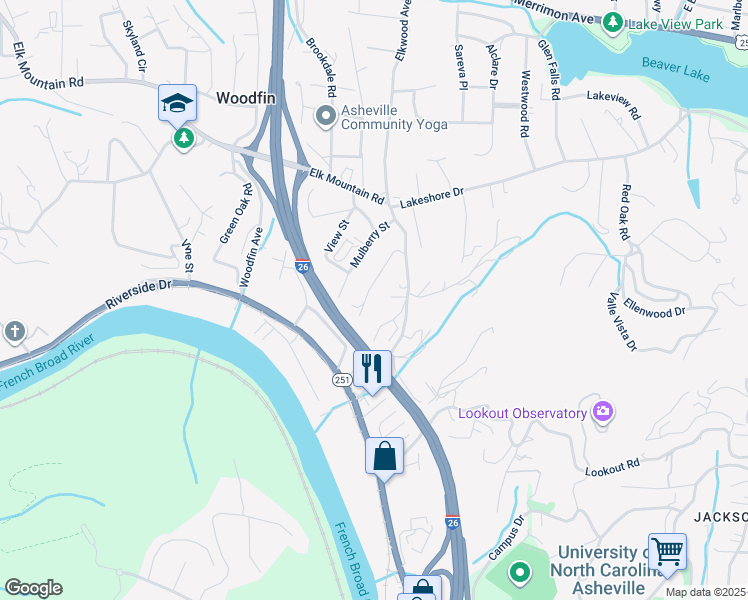 map of restaurants, bars, coffee shops, grocery stores, and more near 41 Walnut Lane in Woodfin