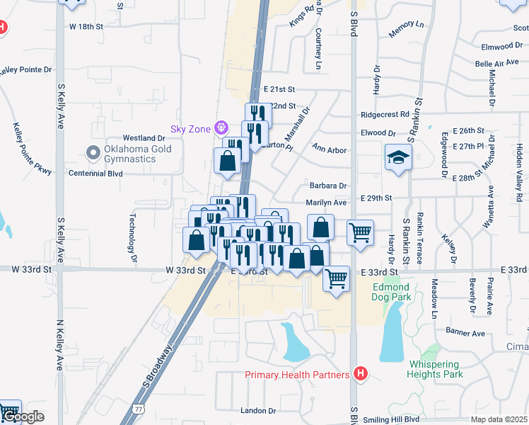 map of restaurants, bars, coffee shops, grocery stores, and more near 2617 Elwood Drive in Edmond