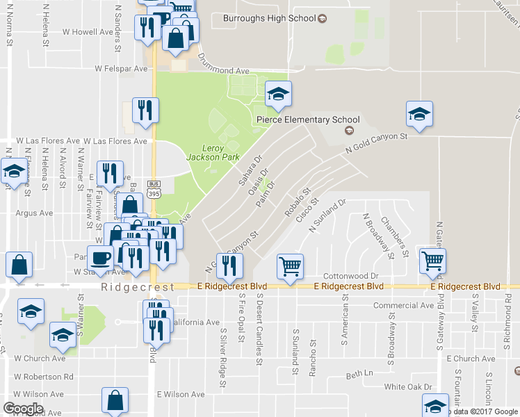 map of restaurants, bars, coffee shops, grocery stores, and more near 324 Palm Drive in Ridgecrest