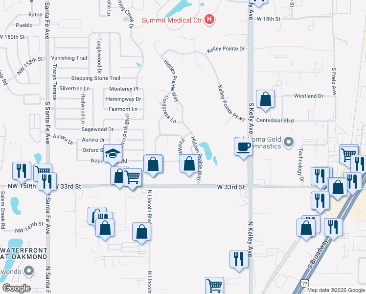map of restaurants, bars, coffee shops, grocery stores, and more near 2924 FireWheel Road in Edmond