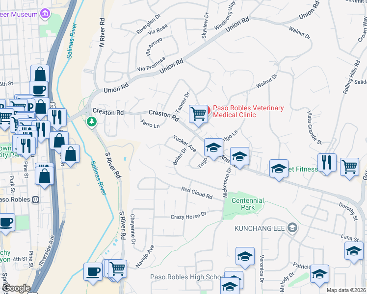 map of restaurants, bars, coffee shops, grocery stores, and more near 635 Bolen Drive in Paso Robles