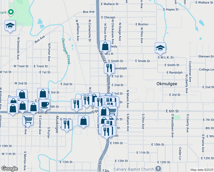 map of restaurants, bars, coffee shops, grocery stores, and more near 320 North Wood Drive in Okmulgee