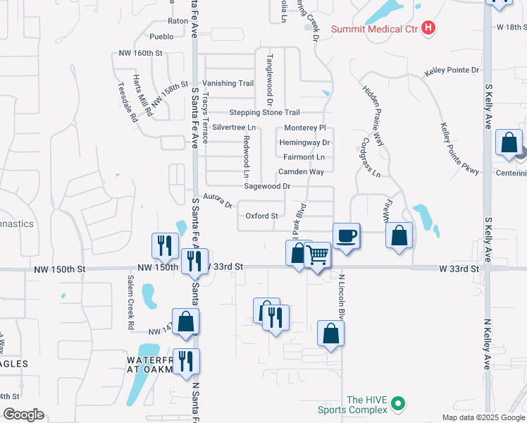 map of restaurants, bars, coffee shops, grocery stores, and more near 1933 Oxford Street in Edmond