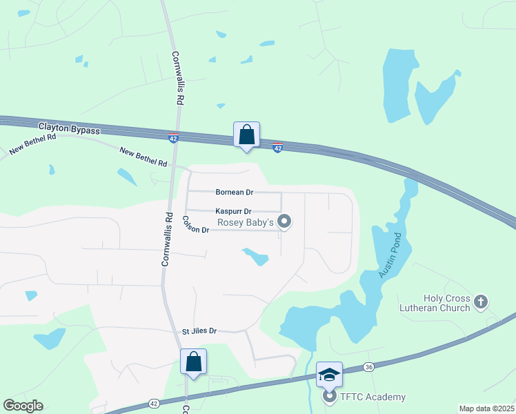 map of restaurants, bars, coffee shops, grocery stores, and more near 209 Kaspurr Drive in Garner