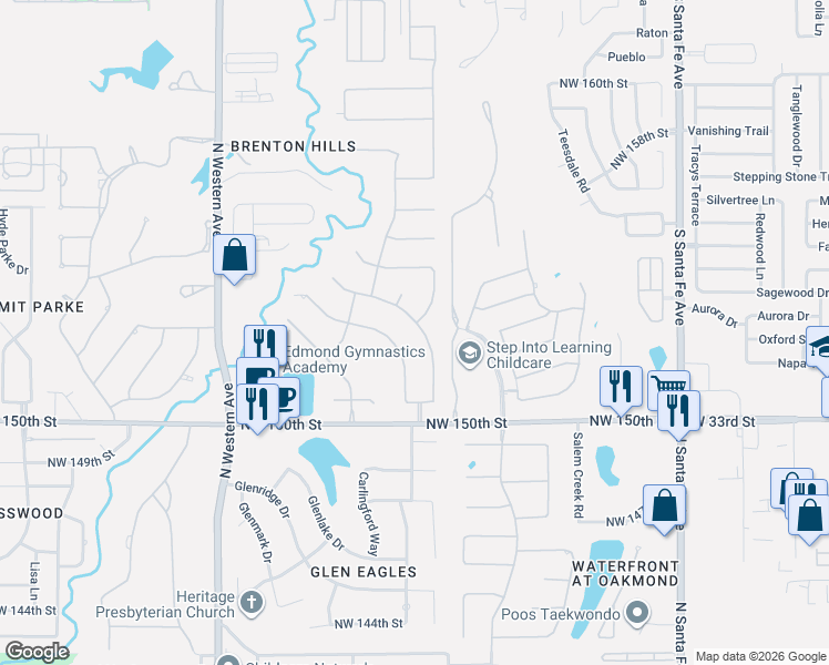 map of restaurants, bars, coffee shops, grocery stores, and more near 15305 Wilford Way in Edmond
