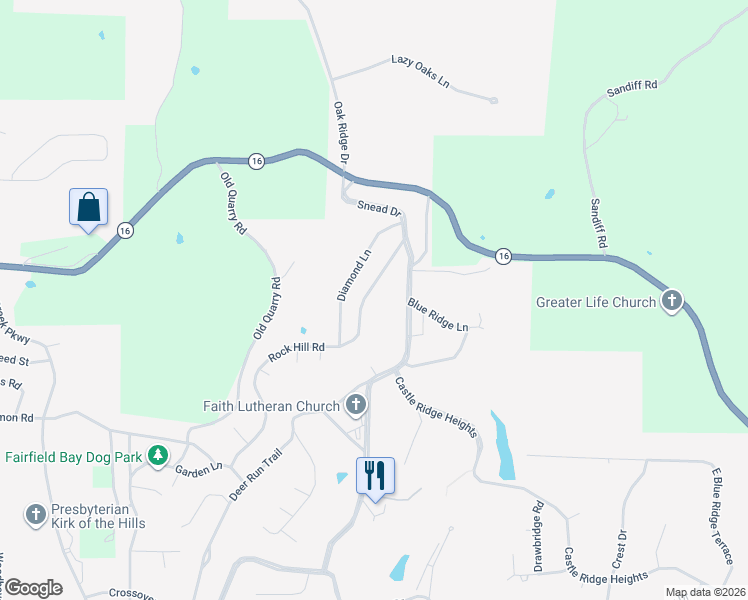 map of restaurants, bars, coffee shops, grocery stores, and more near 123 Rock Hill Road in Fairfield Bay