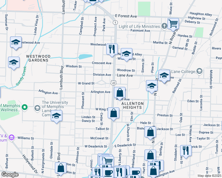 map of restaurants, bars, coffee shops, grocery stores, and more near 705 North Highland Avenue in Jackson