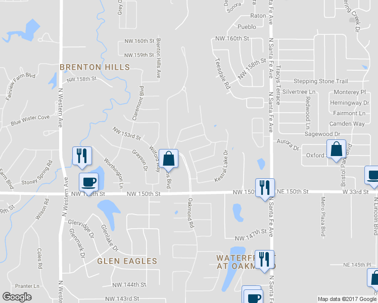 map of restaurants, bars, coffee shops, grocery stores, and more near 15209 Kestral Way in Edmond