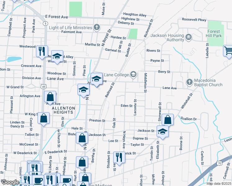 map of restaurants, bars, coffee shops, grocery stores, and more near 101 Orchard Street in Jackson