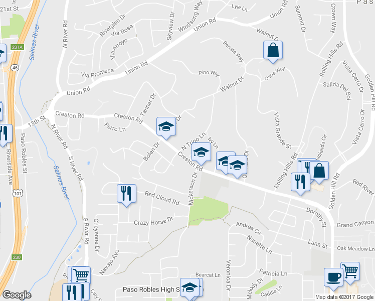 map of restaurants, bars, coffee shops, grocery stores, and more near 710 N Trigo Ln in Paso Robles