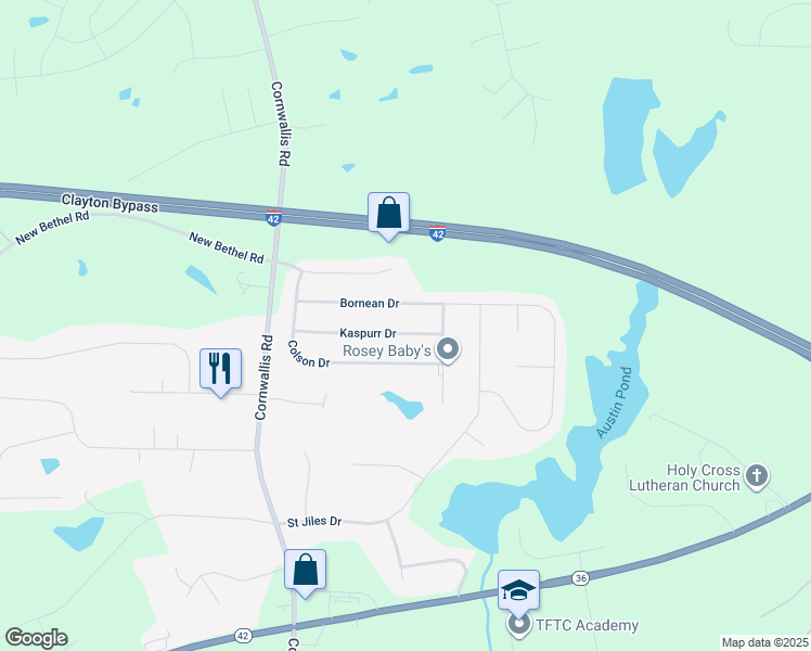 map of restaurants, bars, coffee shops, grocery stores, and more near 209 Kaspurr Drive in Garner