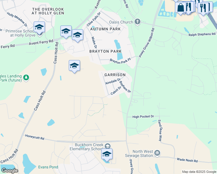map of restaurants, bars, coffee shops, grocery stores, and more near 112 Gadsbury Drive in Holly Springs