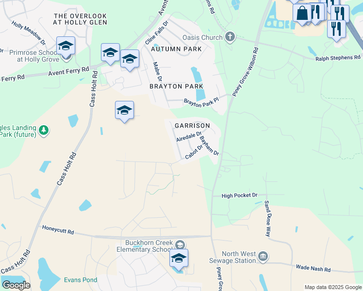 map of restaurants, bars, coffee shops, grocery stores, and more near 112 Gadsbury Drive in Holly Springs