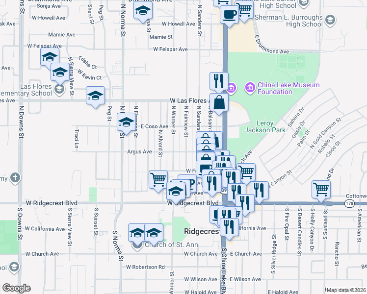 map of restaurants, bars, coffee shops, grocery stores, and more near 305 North Fairview Street in Ridgecrest