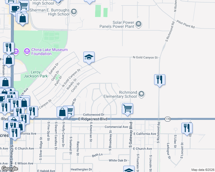 map of restaurants, bars, coffee shops, grocery stores, and more near 240 Chambers Street in Ridgecrest