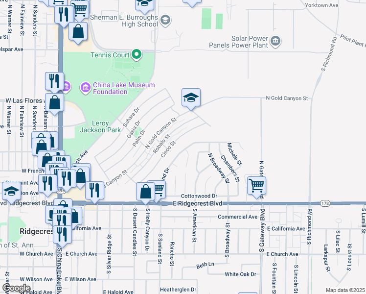 map of restaurants, bars, coffee shops, grocery stores, and more near 305 North Sunland Drive in Ridgecrest