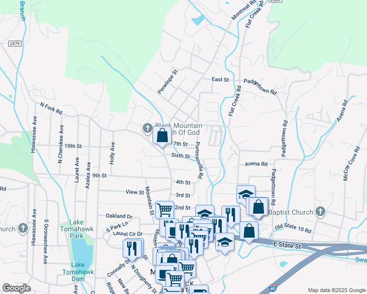 map of restaurants, bars, coffee shops, grocery stores, and more near 107 7th Street in Black Mountain