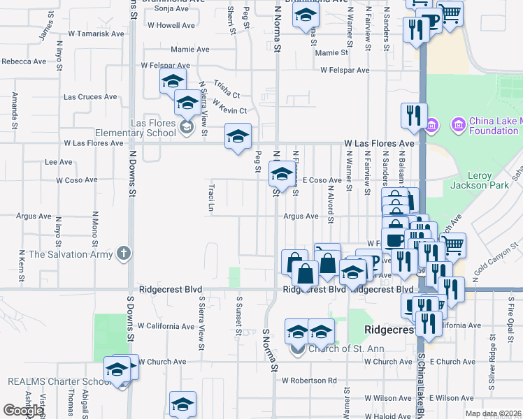 map of restaurants, bars, coffee shops, grocery stores, and more near 308 Peg Street in Ridgecrest
