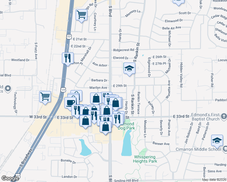 map of restaurants, bars, coffee shops, grocery stores, and more near 209 East 30th Street in Edmond