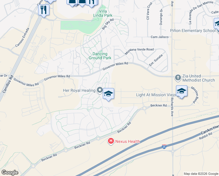 map of restaurants, bars, coffee shops, grocery stores, and more near 4441 Autumn Leaf Lane in Santa Fe