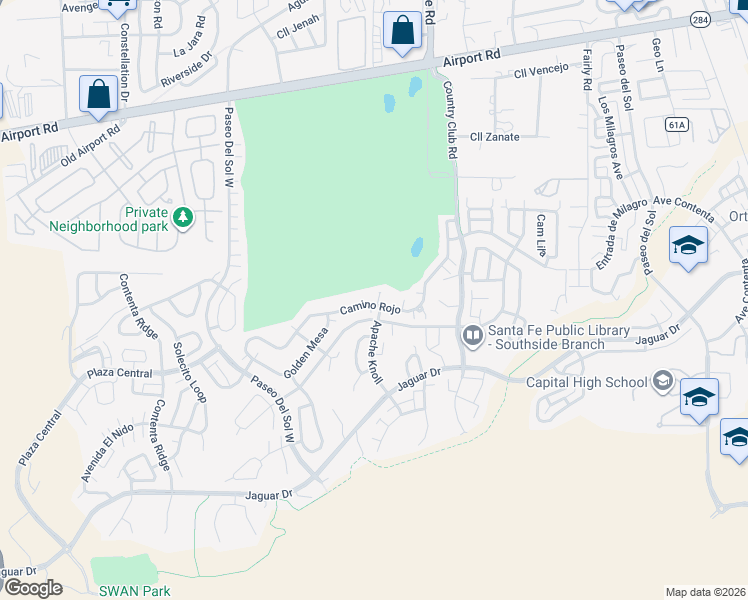 map of restaurants, bars, coffee shops, grocery stores, and more near 6743 Camino Rojo in Santa Fe