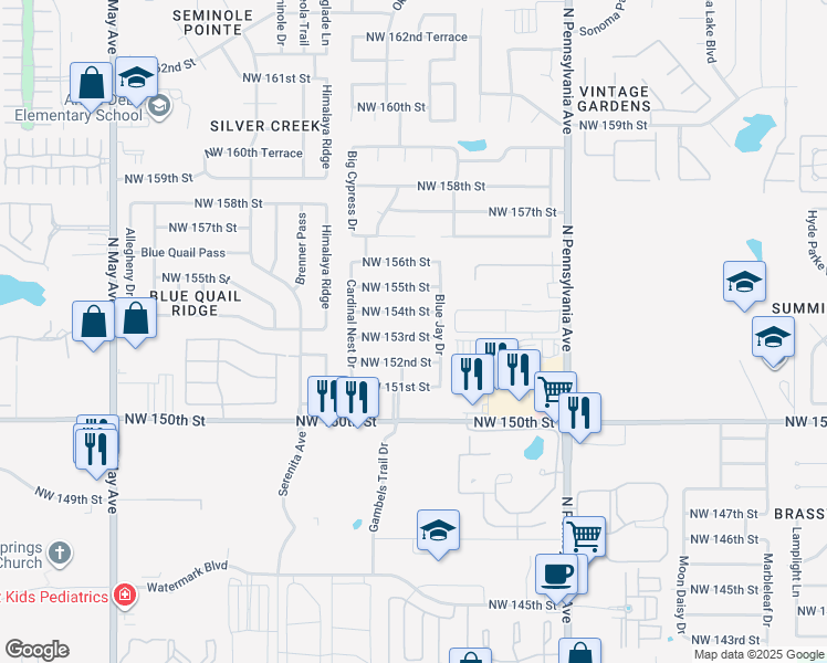map of restaurants, bars, coffee shops, grocery stores, and more near 2317 Northwest 153rd Street in Edmond