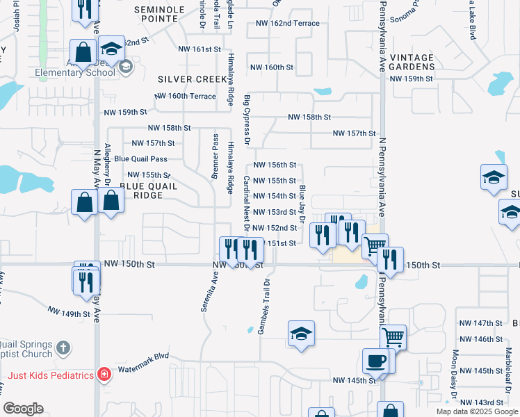map of restaurants, bars, coffee shops, grocery stores, and more near 2413 Northwest 153rd Street in Edmond