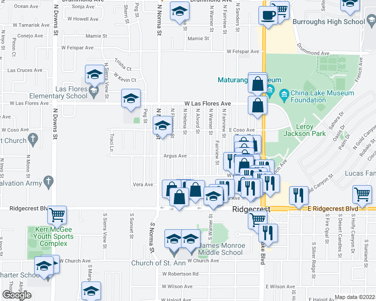 map of restaurants, bars, coffee shops, grocery stores, and more near 304 North Helena Street in Ridgecrest