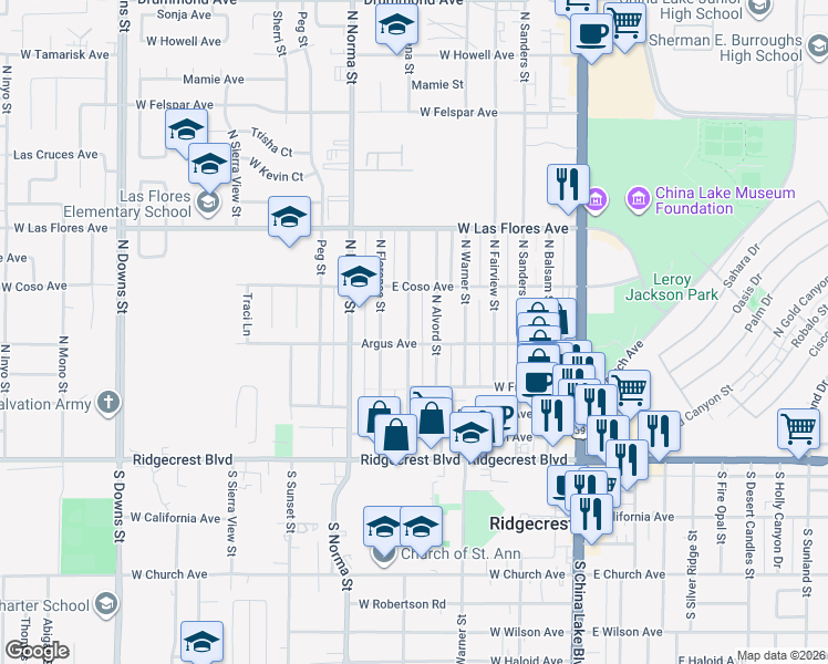 map of restaurants, bars, coffee shops, grocery stores, and more near 304 North Helena Street in Ridgecrest