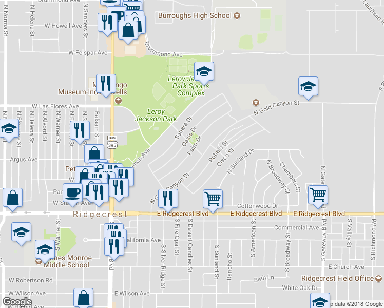 map of restaurants, bars, coffee shops, grocery stores, and more near 328 Palm Drive in Ridgecrest