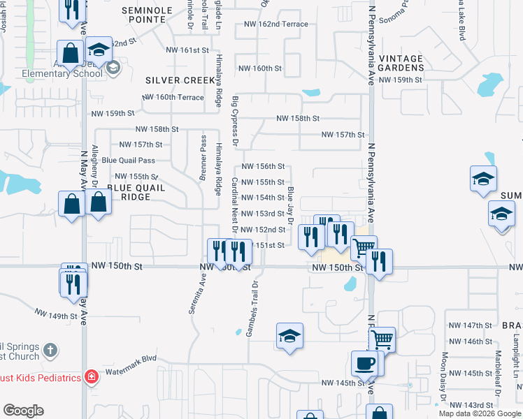 map of restaurants, bars, coffee shops, grocery stores, and more near 2333 Northwest 153rd Street in Edmond