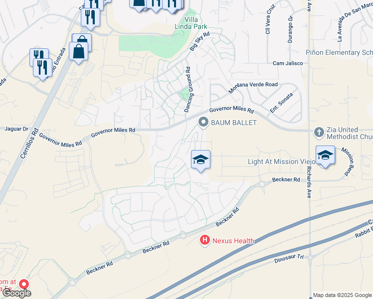 map of restaurants, bars, coffee shops, grocery stores, and more near 4438 Long Shadow Lane in Santa Fe