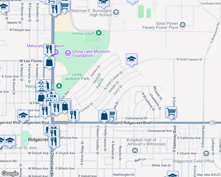map of restaurants, bars, coffee shops, grocery stores, and more near 349 Robalo Street in Ridgecrest