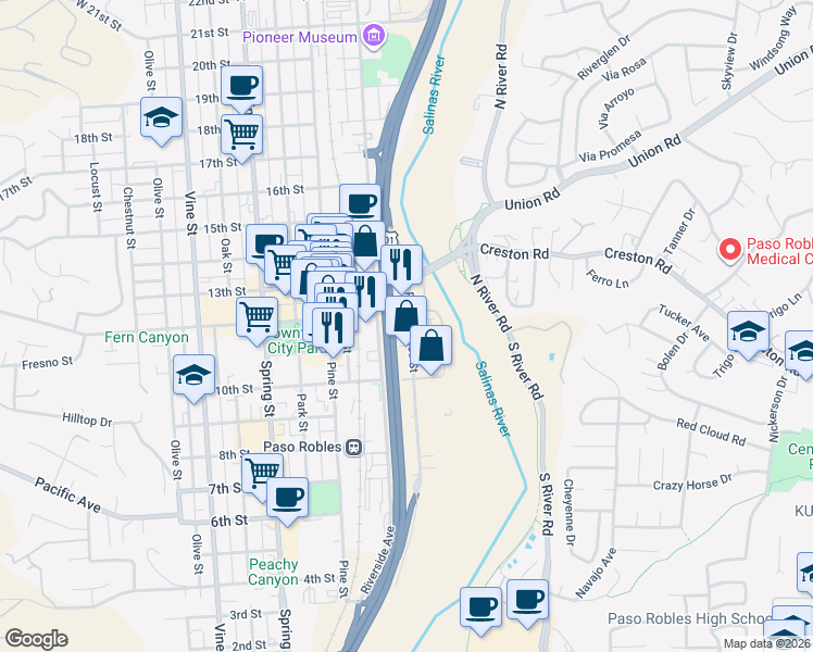 map of restaurants, bars, coffee shops, grocery stores, and more near 1123 B Paso Robles Street in Paso Robles